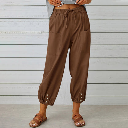 Women's Drawstring Tie Cotton Linen Trousers With Pockets Casual Style