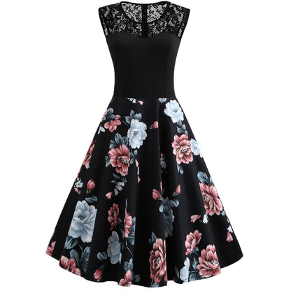 Women's Sleeveless Floral Retro Dress Lace Stitching Mid Length Cotton - LAKD London