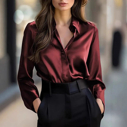 Women's Elegant Satin Long Sleeve Button Up Glossy Office Blouse