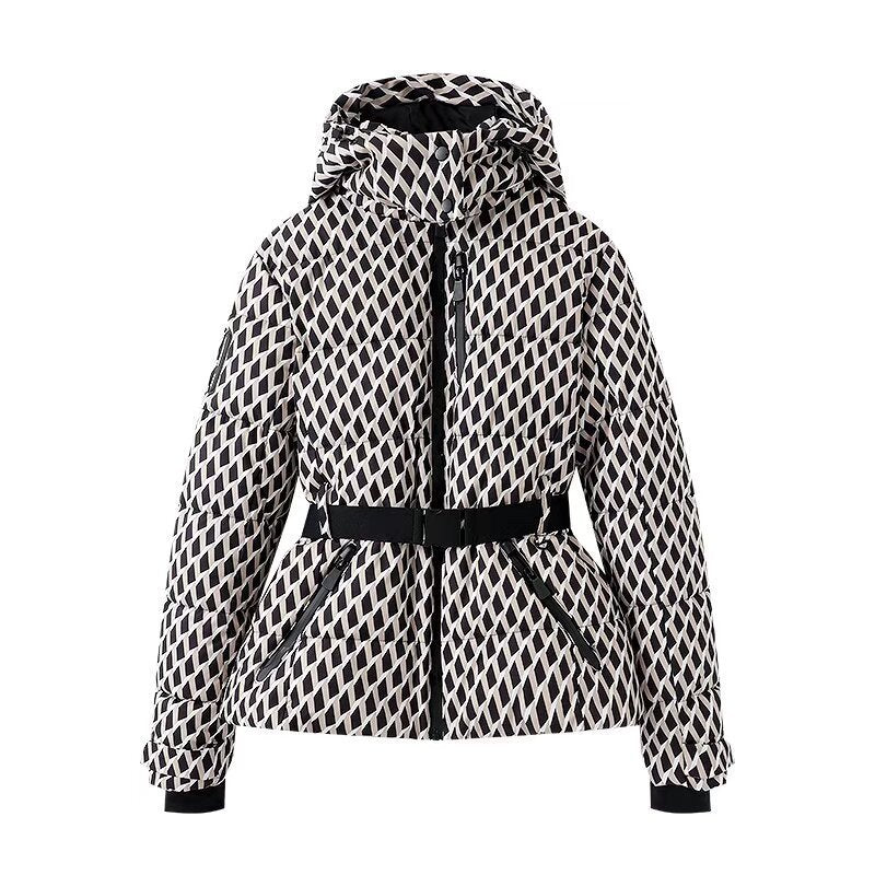 Women's Belted Down Jacket Warm Plaid Winter Street Style Fashion