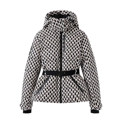 Women's Belted Down Jacket Warm Plaid Winter Street Style Fashion