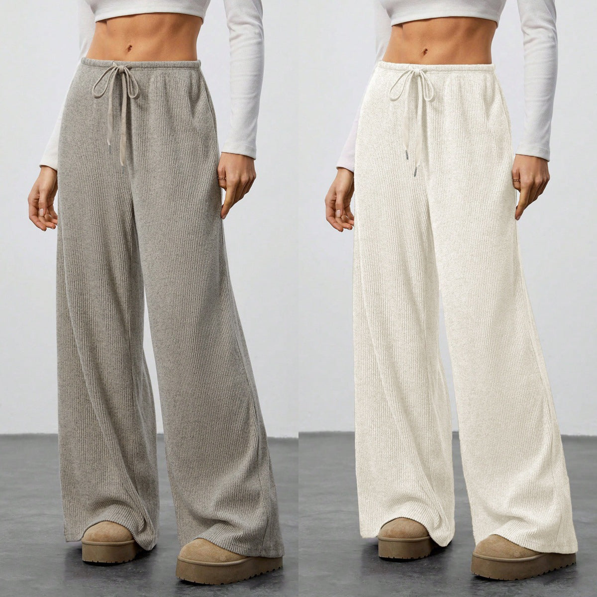 Women's Solid Colour Loose Wide Leg Drawstring Casual Trousers Style