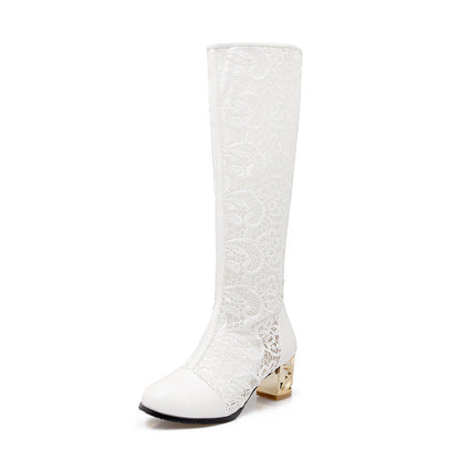 Women's Round Toe Stitching Lace Back Zip Chunky Heel Boots - LAKD London