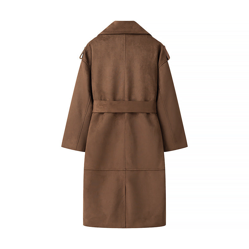 Women's Brown Velvet Lapel Double Breasted Belted Trench Coat - LAKD London