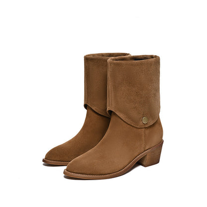 Women's Matte Cowhide Western Pointed Toe Short Tube Ankle Boots