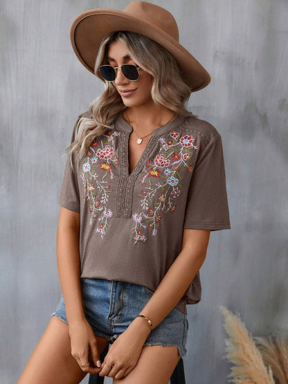 Women's Embroidered Short Sleeve Lace Collar Summer Blouse Shirt - LAKD London