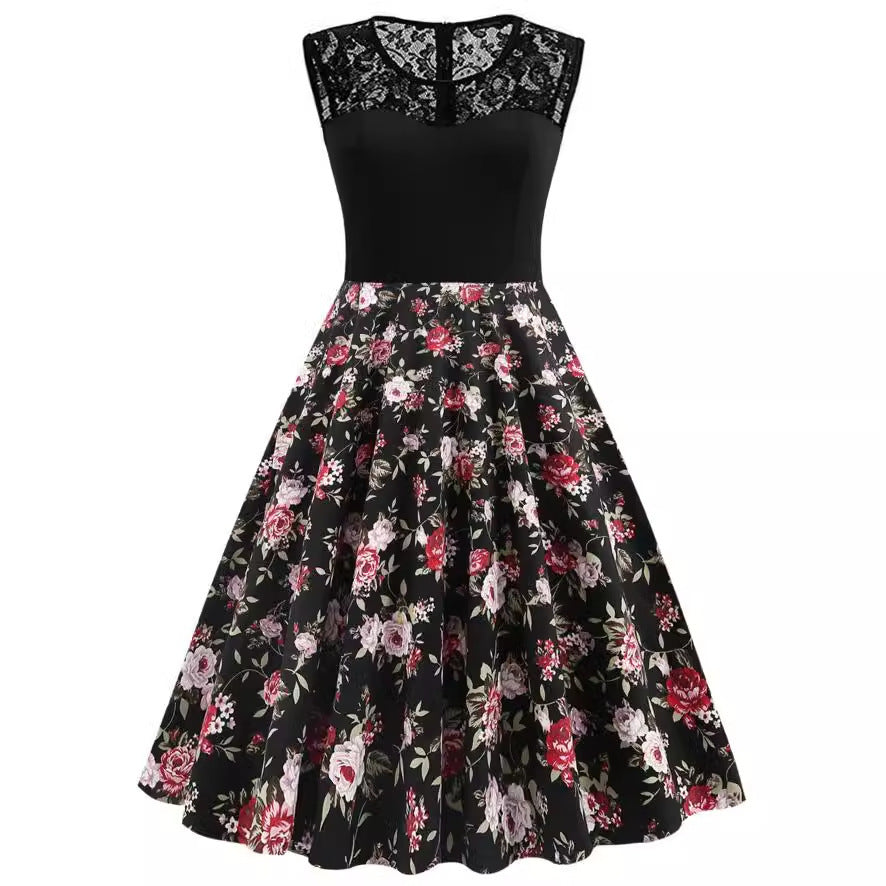 Women's Sleeveless Floral Retro Dress Lace Stitching Mid Length Cotton - LAKD London