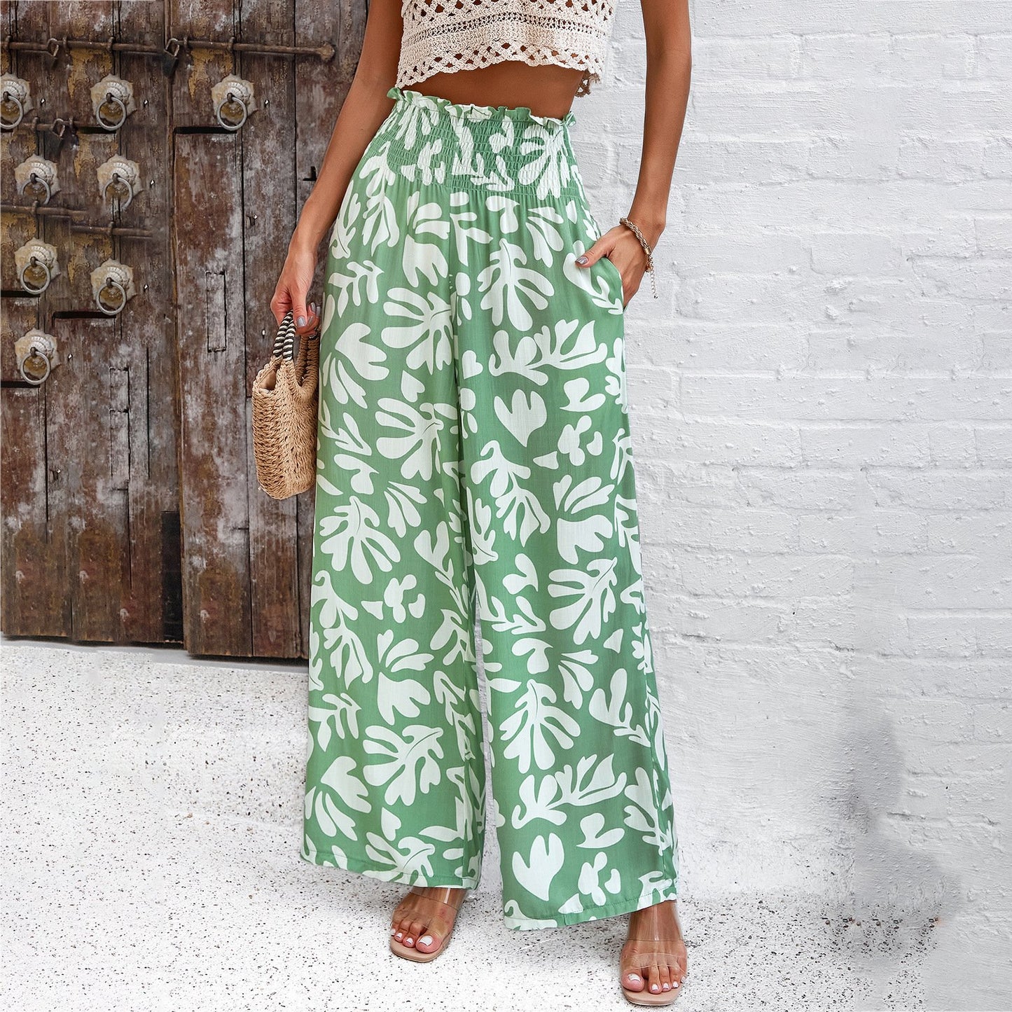 Women's Printed Summer High Waist Loose Straight Trousers Casual Style