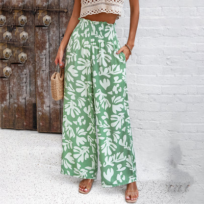 Women's Printed Summer High Waist Loose Straight Trousers Casual Style