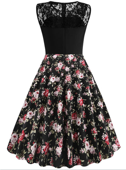 Women's Sleeveless Floral Retro Dress Lace Stitching Mid Length Cotton - LAKD London