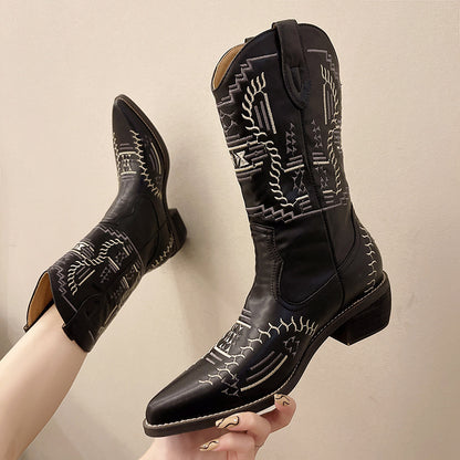 Women's Premium Pointed Toe Cowboy Boots With Thick Heel - LAKD London
