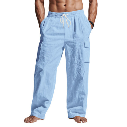 Men's Multi-Pocket Linen Cargo Trousers Straight Leg Casual Wear - LAKD London