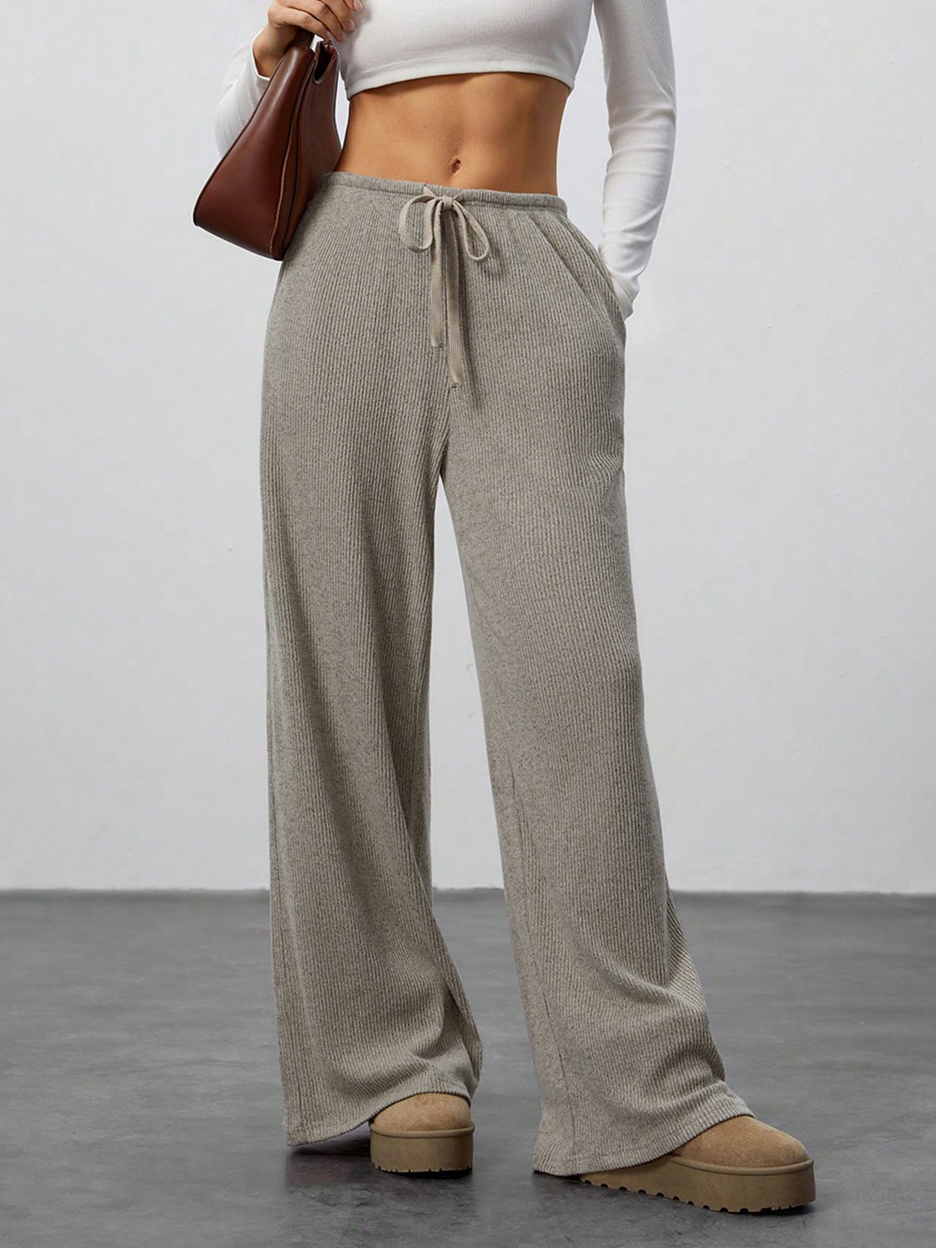 Women's Solid Colour Loose Wide Leg Drawstring Casual Trousers Style