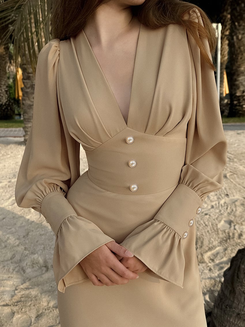 Women's V-Neck Slim Fit Elegant French Chiffon Midi Dress