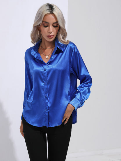 Women's Premium Satin Solid Color Button Front Lapel Blouse Shirt - LAKD London
