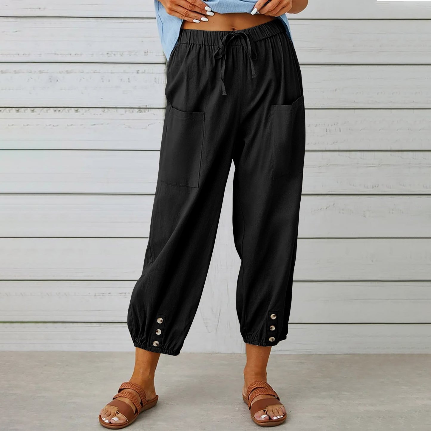 Women's Drawstring Tie Cotton Linen Trousers With Pockets Casual Style