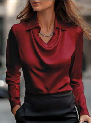 Women's Draped Cowl Neck Satin Blouse Elegant Long Sleeve Office