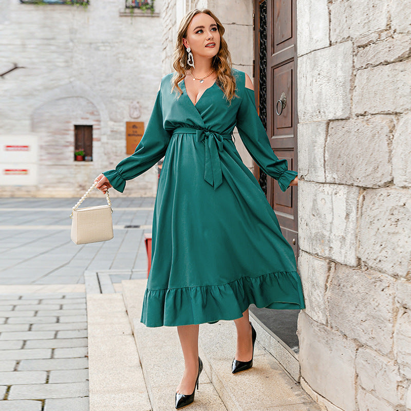 Women's Plus Size Off Shoulder Ruffle High Waist Tie Dress - LAKD London
