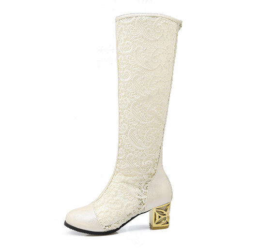Women's Round Toe Stitching Lace Back Zip Chunky Heel Boots - LAKD London