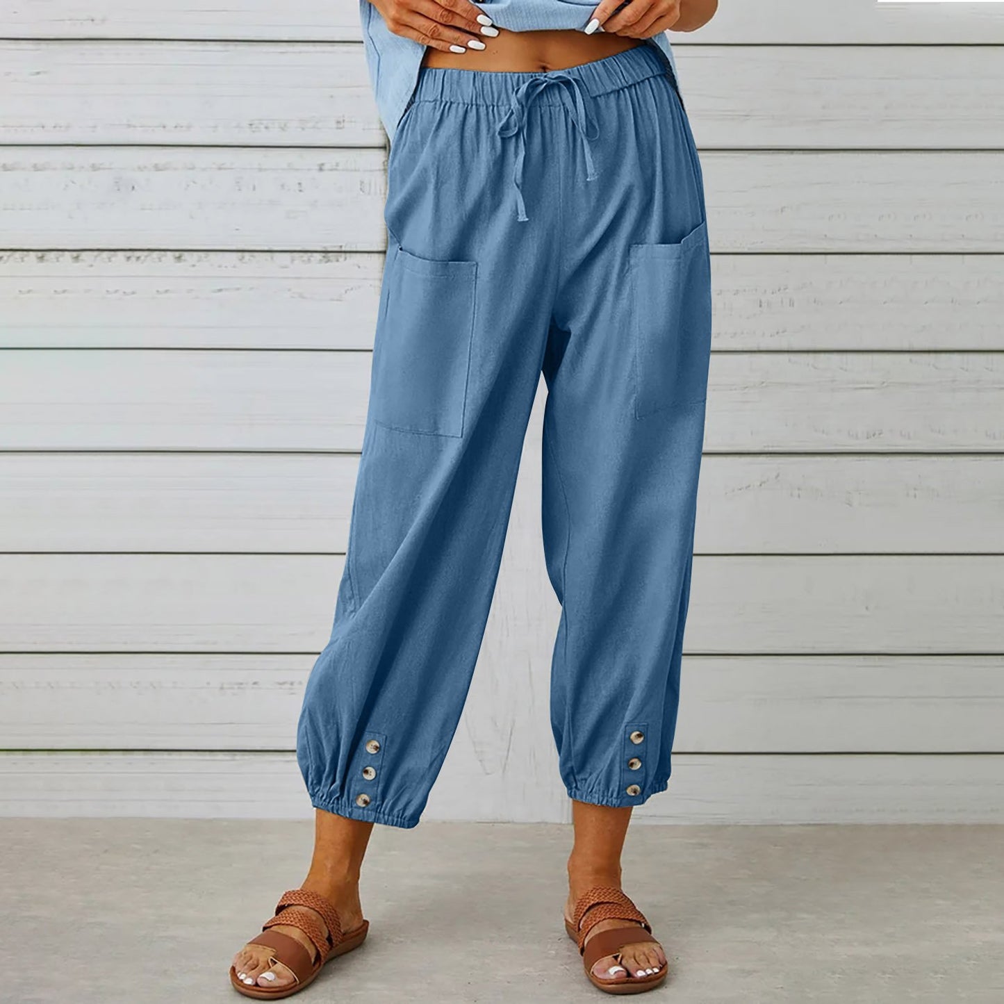 Women's Drawstring Tie Cotton Linen Trousers With Pockets Casual Style