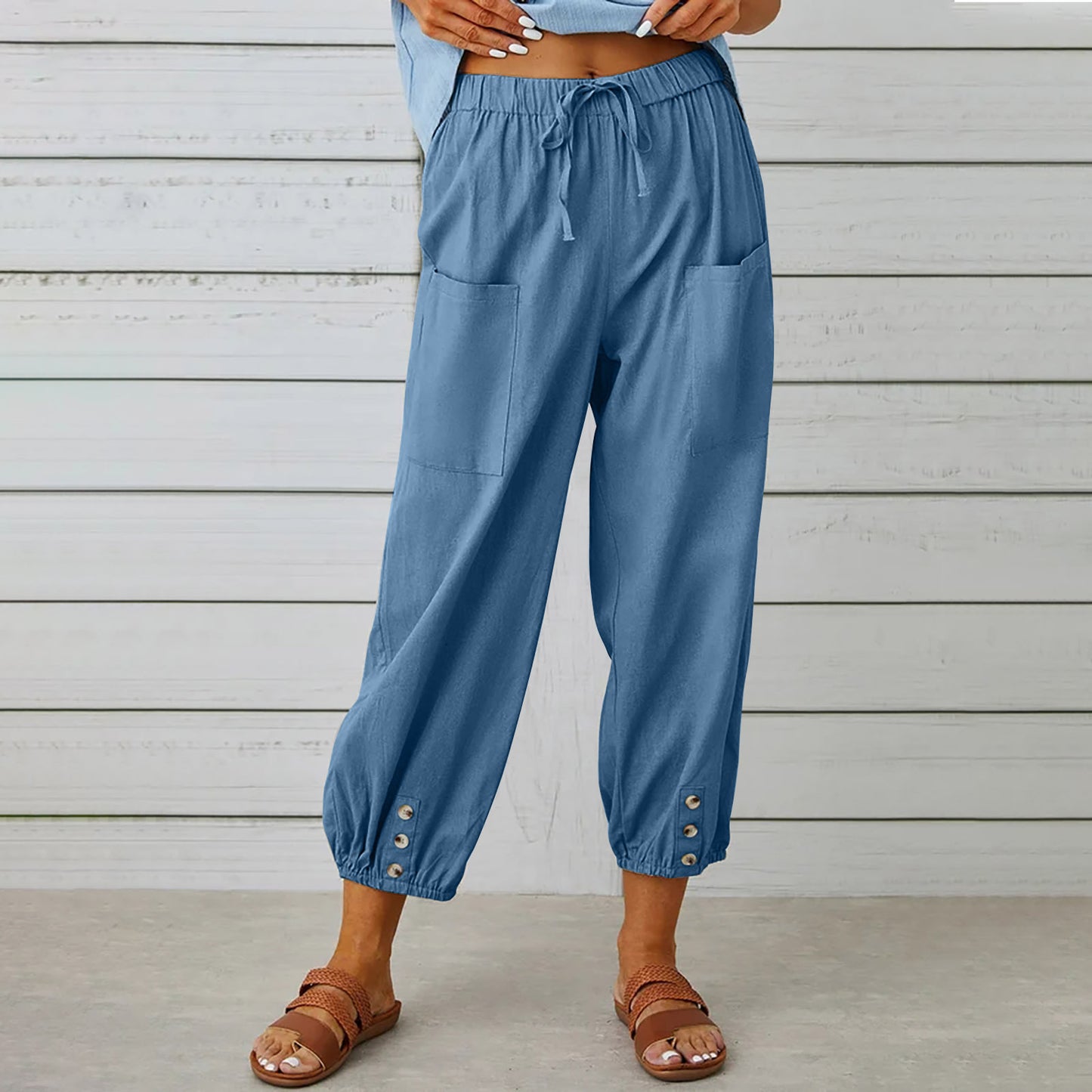 Women's Drawstring Tie Cotton Linen Trousers With Pockets Casual Style