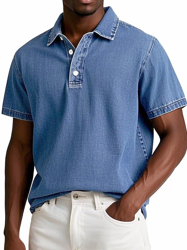 Men's Solid Colour Vintage Short Sleeve Lapel Polo Shirt Casual