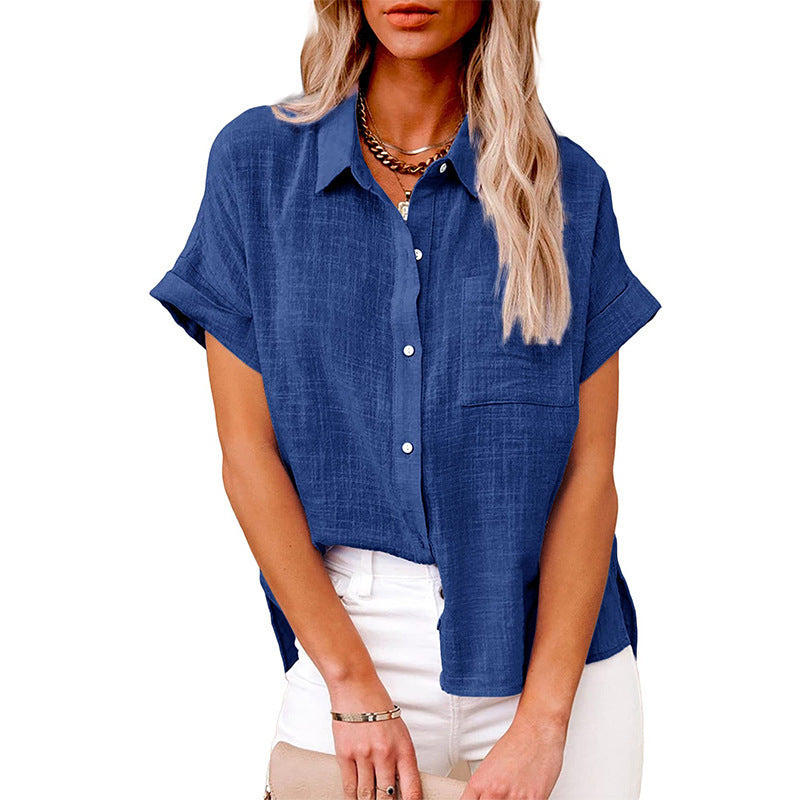 Women's Summer Cotton Short Sleeve Linen Lapel Button Shirt - LAKD London