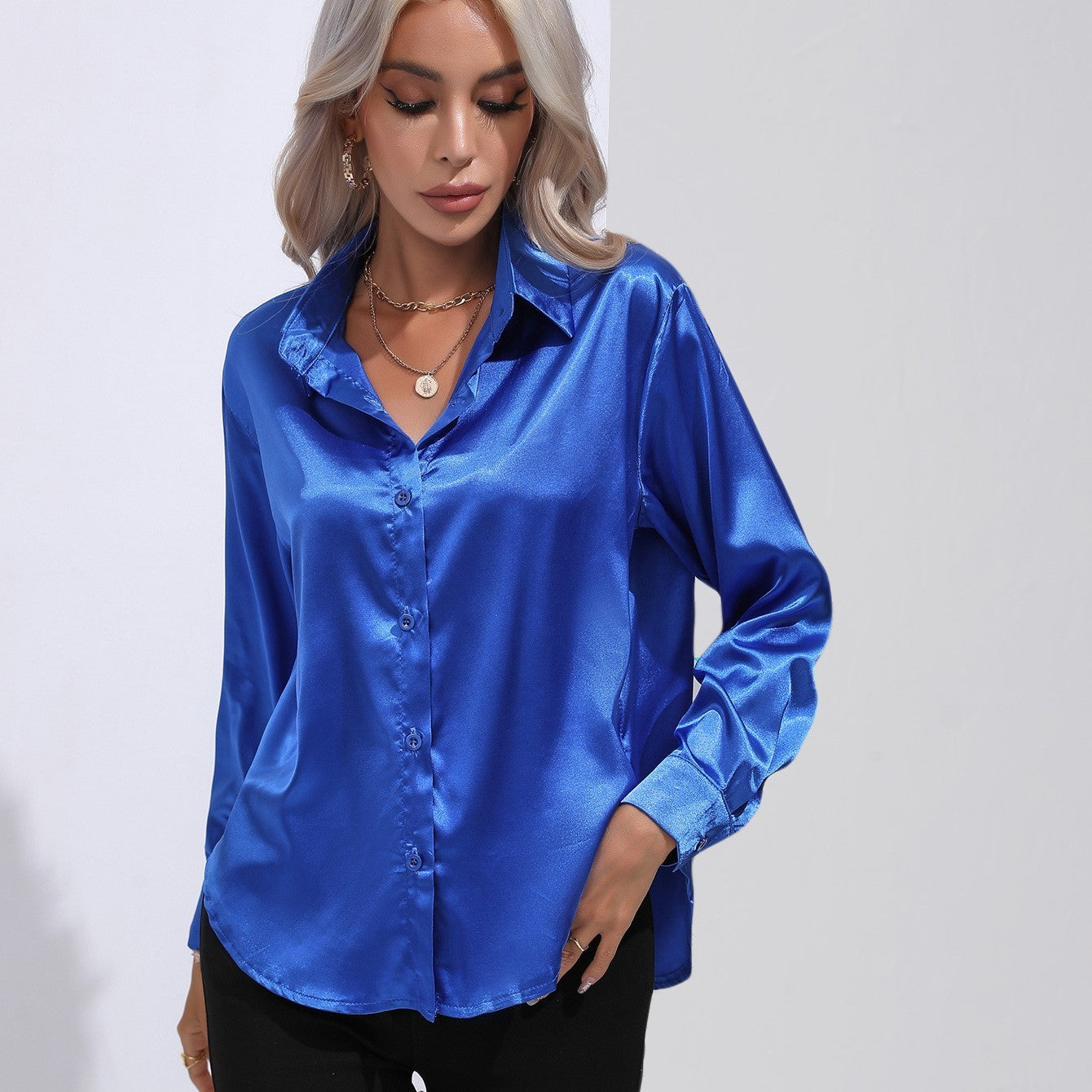Women's Premium Satin Solid Color Button Front Lapel Blouse Shirt - LAKD London