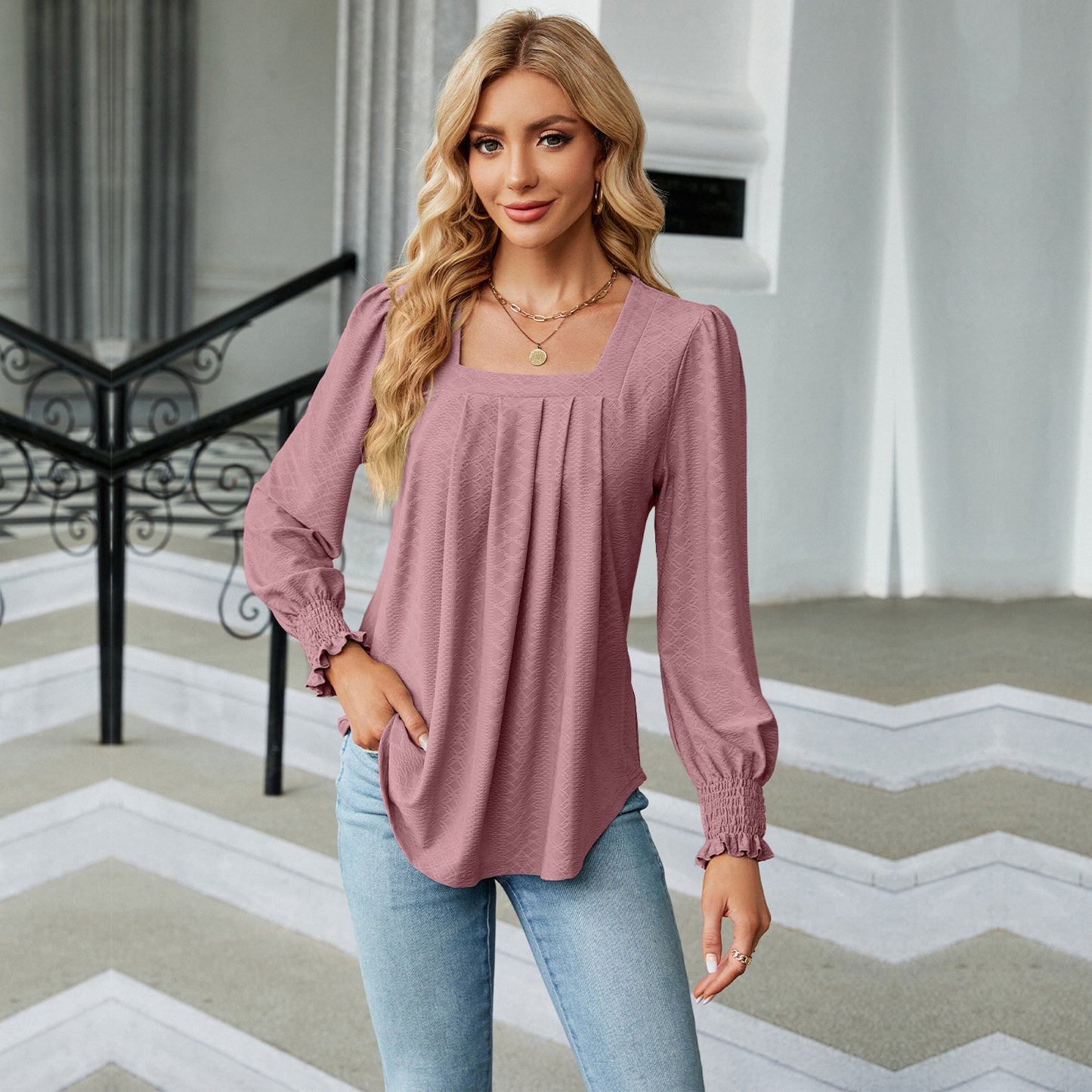 Women's Jacquard Pleated Solid Colour Long Sleeve Pullover Top Casual - LAKD London