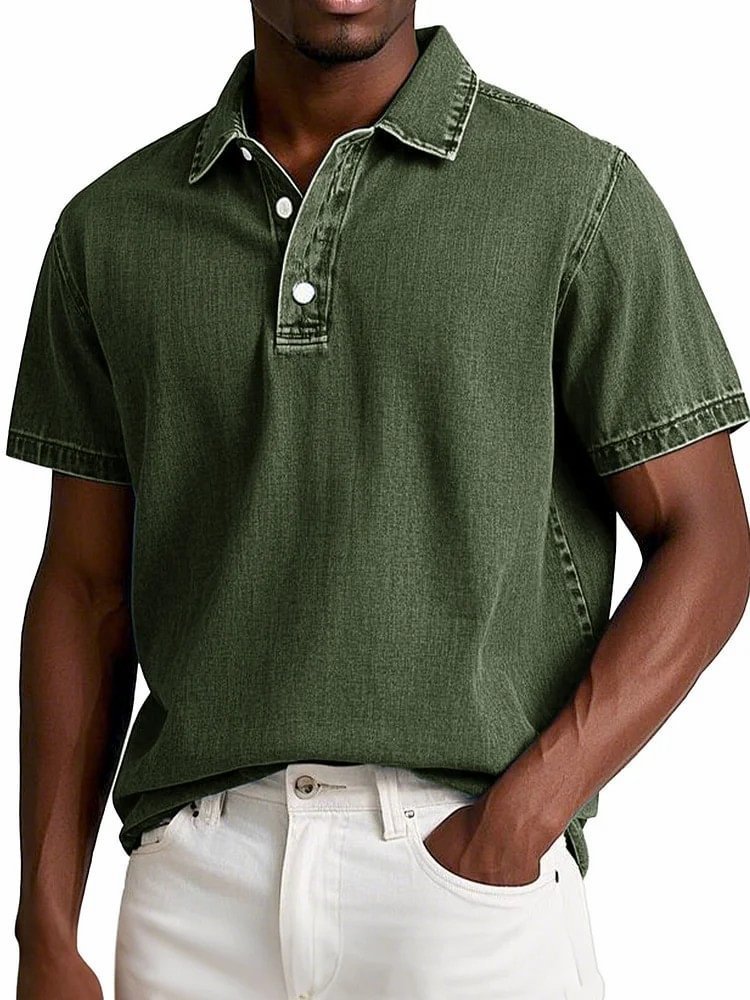 Men's Solid Colour Vintage Short Sleeve Lapel Polo Shirt Casual