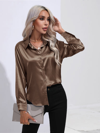 Women's Premium Satin Solid Color Button Front Lapel Blouse Shirt - LAKD London