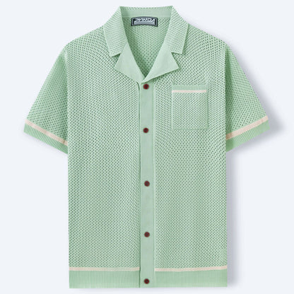 Men's Summer Knit Cuban Collar Short Sleeve Polo Shirt Casual