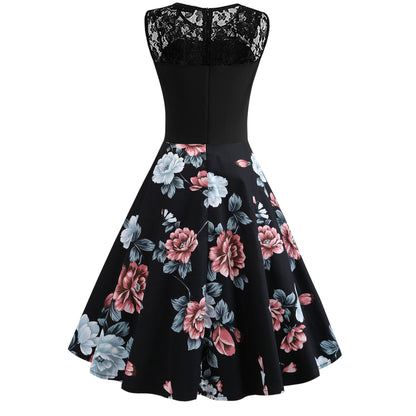 Women's Sleeveless Floral Retro Dress Lace Stitching Mid Length Cotton - LAKD London
