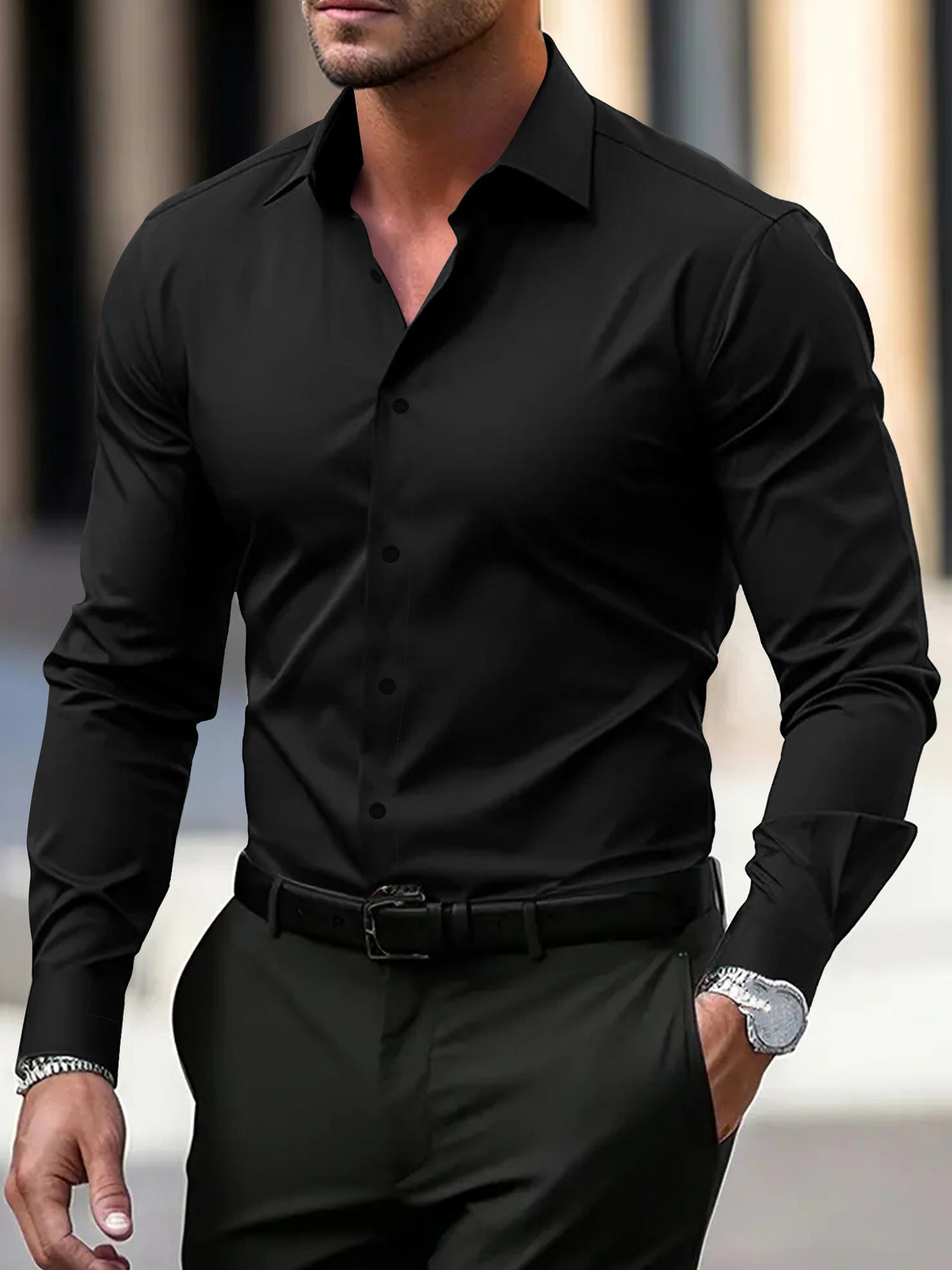 Men's solid color button-down long sleeve summer lapel shirt by LAKD, displayed with a classic collar and relaxed fit.