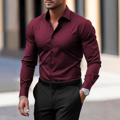 Men's LAKD solid color long sleeve button-down summer lapel shirt, casual men's top with a classic collar and sleek design.