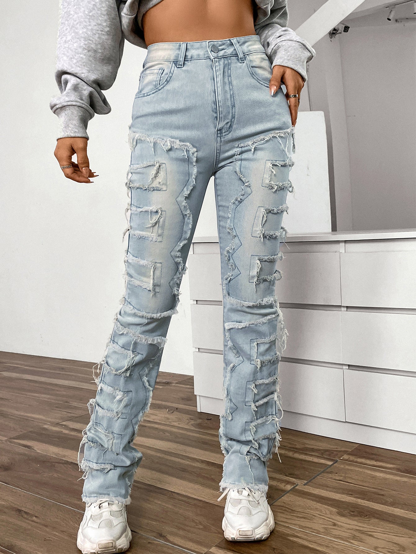 Women's Embroidered Straight Leg Jeans Mid Rise Denim Trousers Casual - LAKD London