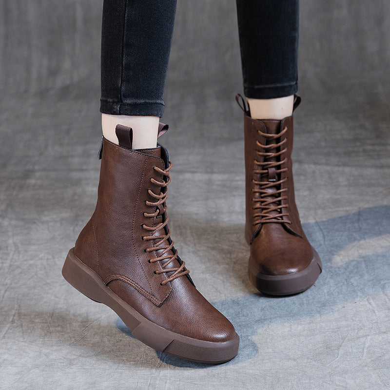 Women's Flat Heel Retro Leather Lace Up Ankle Boots Soft