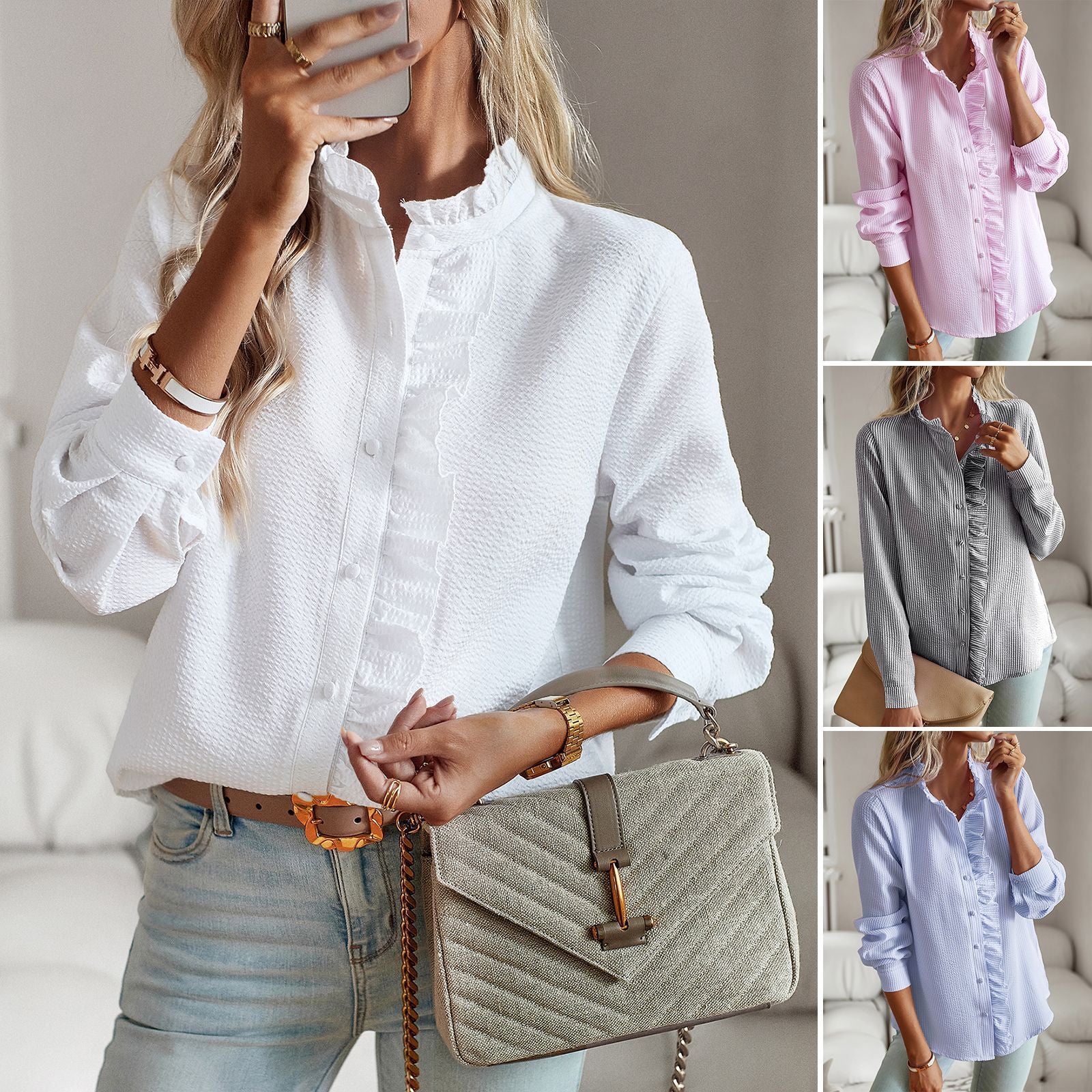 Women's Striped Ruffle Textured Long Sleeve Commuter Shirt - LAKD London