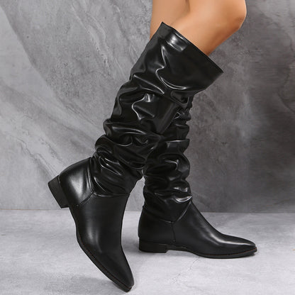 Women's Long Cowboy High Tube Pointed Toe Glossy Leather Boots - LAKD London