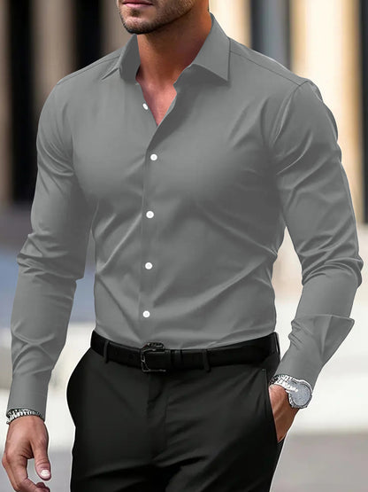 Men's solid color button-down long sleeve summer lapel shirt by LAKD, displayed flat showing front detail and collar.