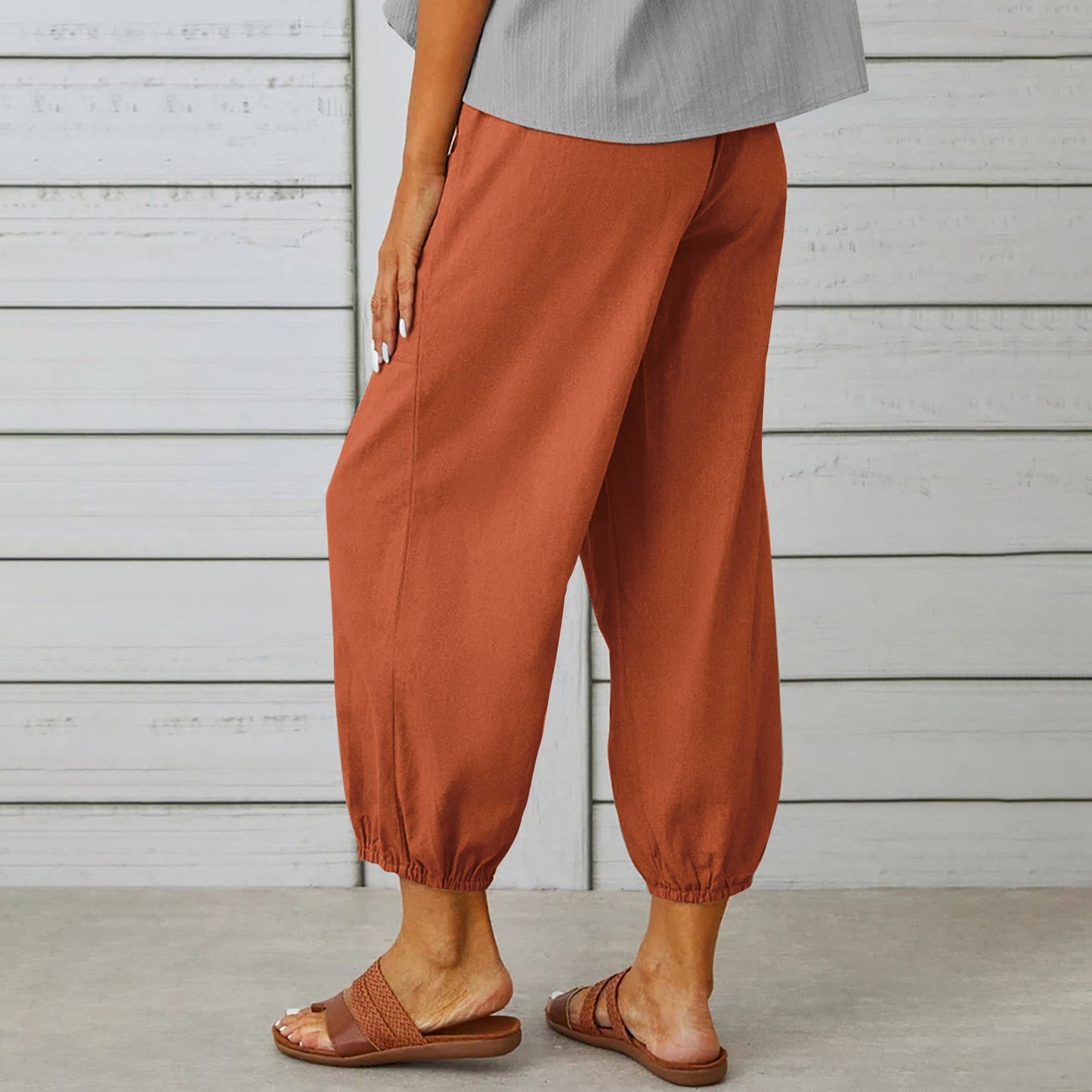 Women's Drawstring Tie Cotton Linen Trousers With Pockets Casual Style