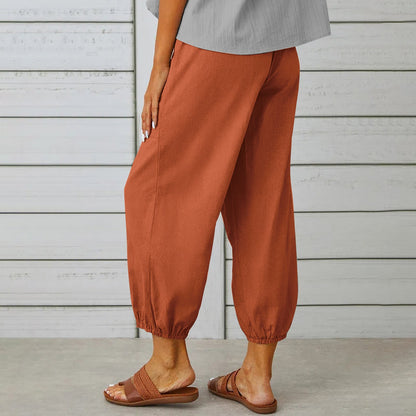 Women's Drawstring Tie Cotton Linen Trousers With Pockets Casual Style