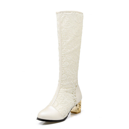 Women's Round Toe Stitching Lace Back Zip Chunky Heel Boots - LAKD London