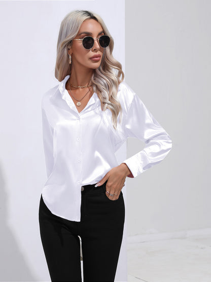 Women's Premium Satin Solid Color Button Front Lapel Blouse Shirt - LAKD London
