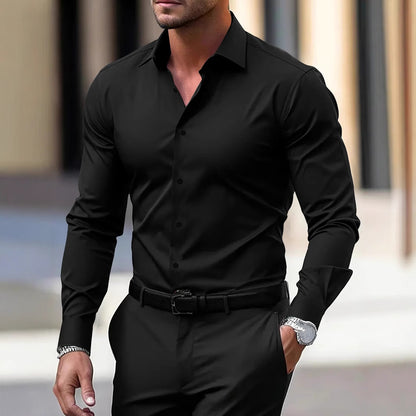 Men's LAKD solid color button-down long sleeve summer lapel shirt, casual men's top with a classic collar and smooth fabric.