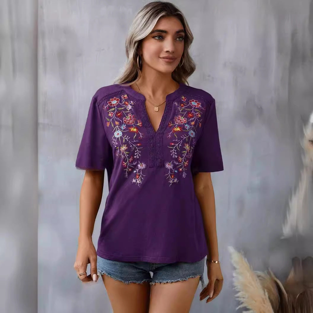 Women's Embroidered Short Sleeve Lace Collar Summer Blouse Shirt - LAKD London