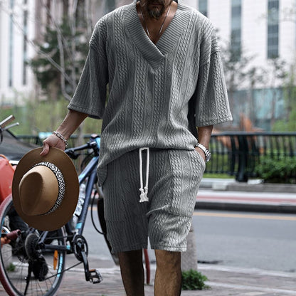 Men's Casual Jacquard Summer Two-Piece V-Neck Shorts Set