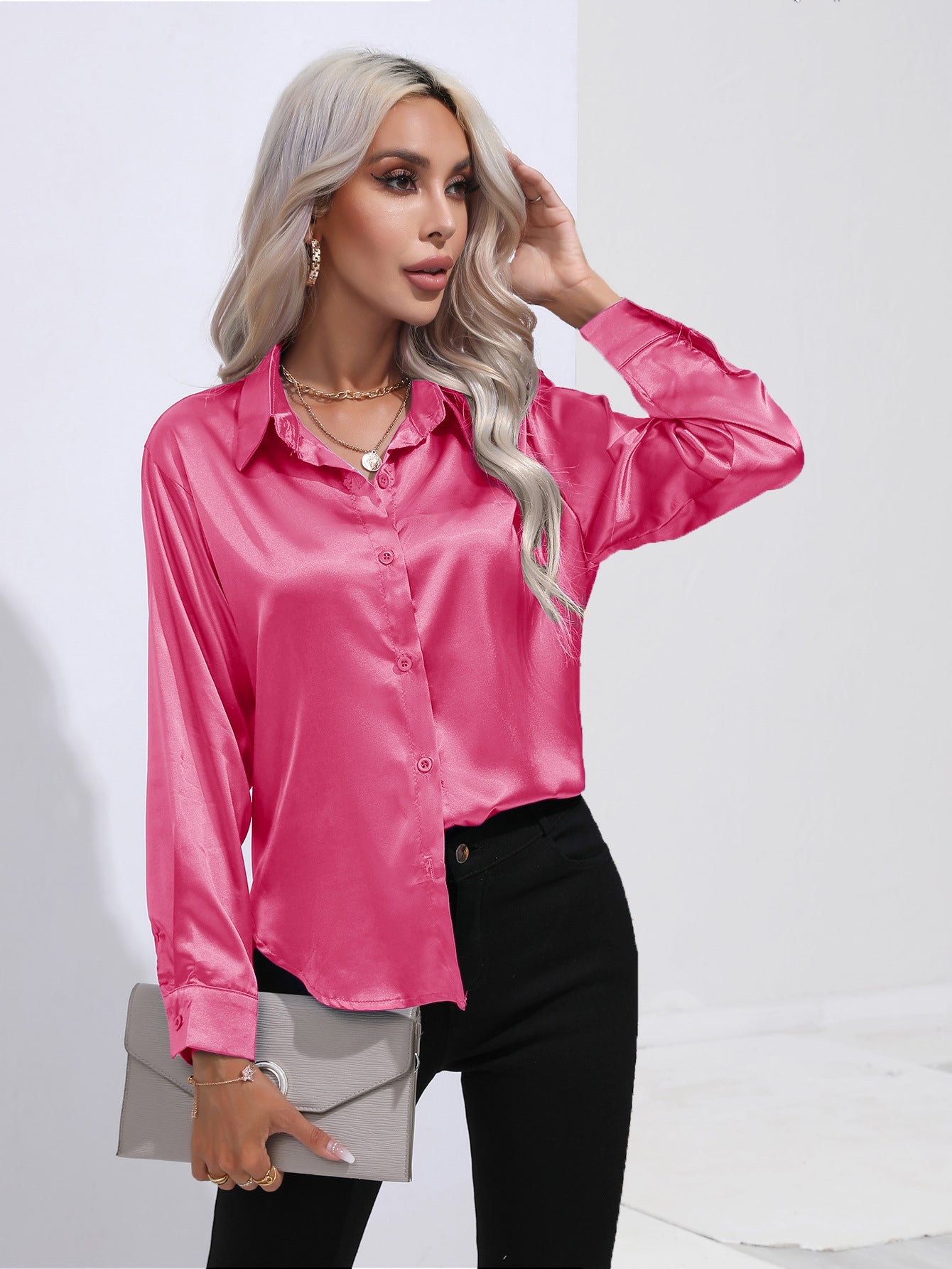 Women's Premium Satin Solid Color Button Front Lapel Blouse Shirt - LAKD London