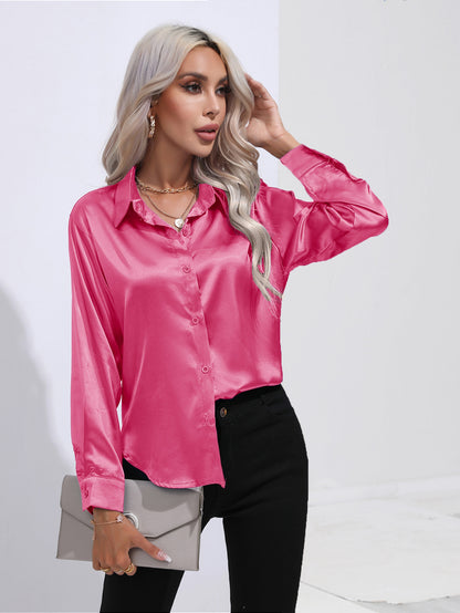 Women's Premium Satin Solid Color Button Front Lapel Blouse Shirt - LAKD London