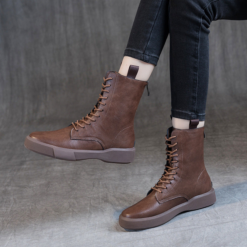 Women's Flat Heel Retro Leather Lace Up Ankle Boots Soft
